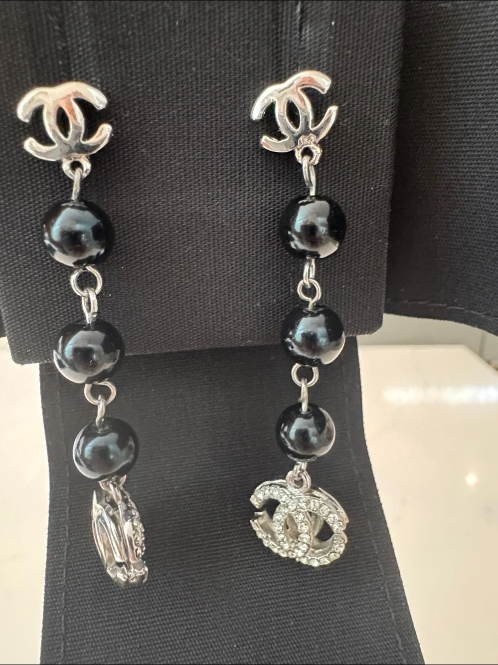 Chanel Black Bead Drop Earrings with Crystal CC Charm